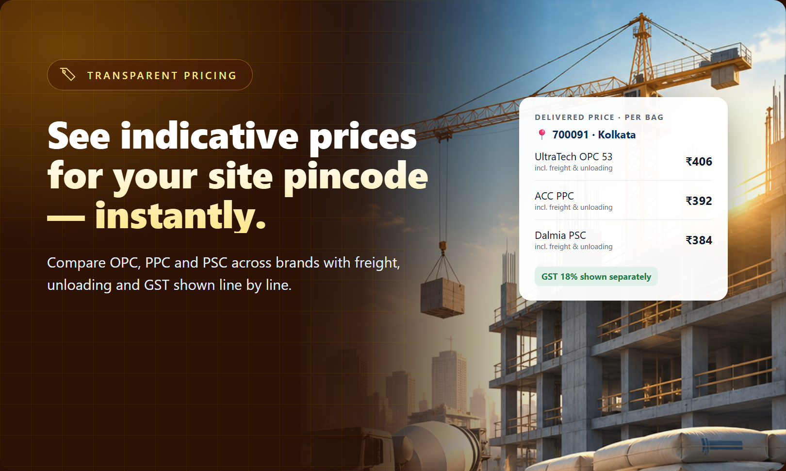 See indicative prices for your site pincode — instantly. — Compare OPC, PPC and PSC across brands with freight, unloading and GST shown line by line.