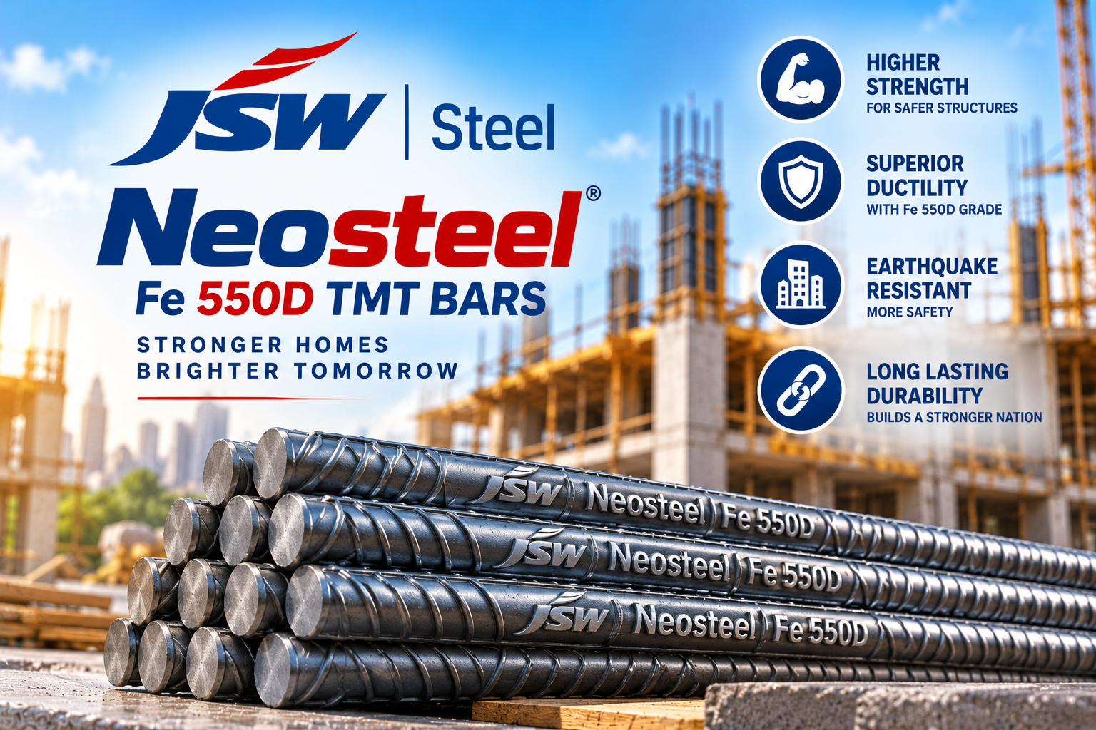 JSW Steel Neosteel Fe 550D TMT Bars